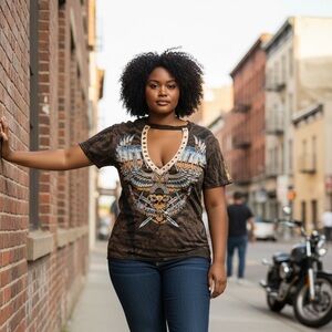 Affliction Brown Graphic Tee with Skull Design NWT Large